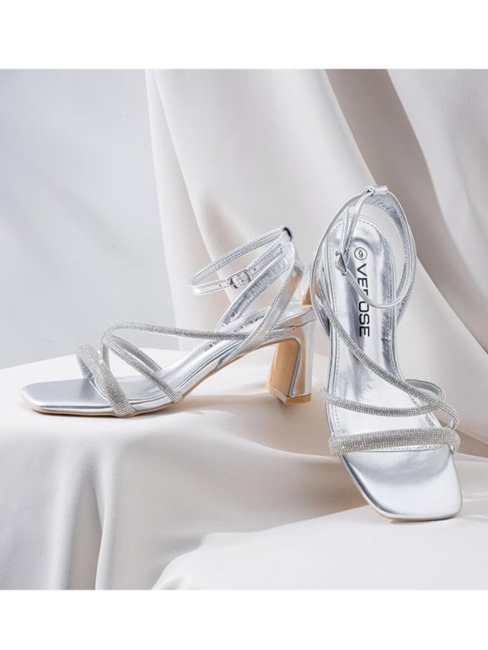 NWT: Silver Strappy Rhinestone-look Sandals, 2.8" Heel - Size 8